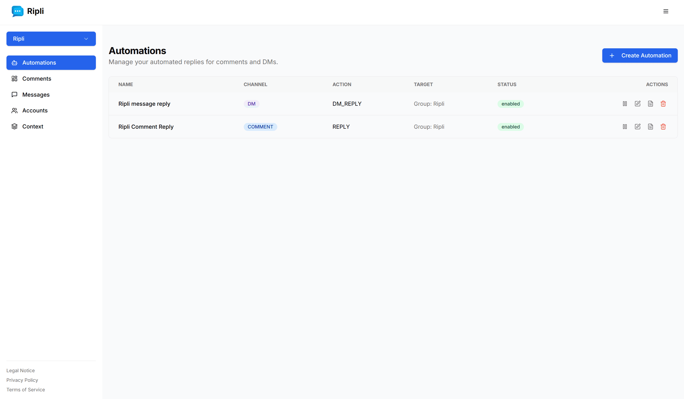 Ripli Dashboard — Automations