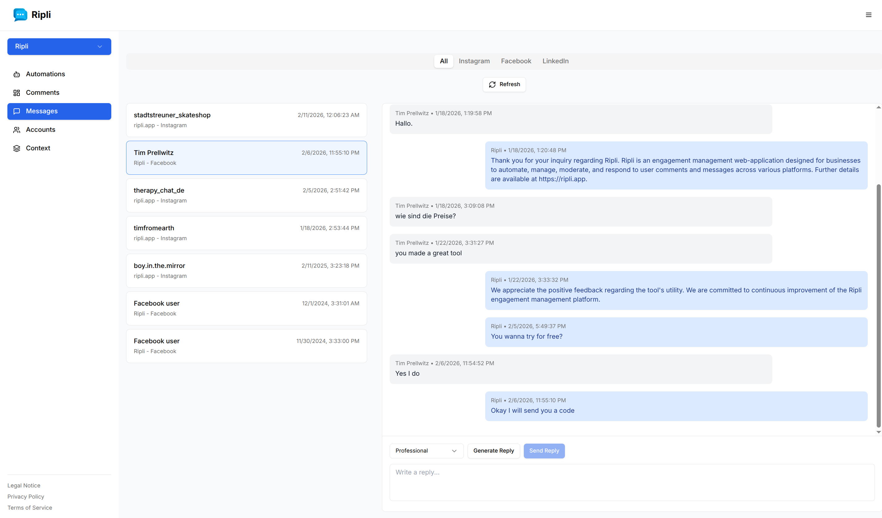 Ripli Unified Inbox dashboard showing message feeds